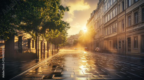 An early morning cityscape after rain, empty streets with glistening cobblestones, towering buildings fading into soft fog