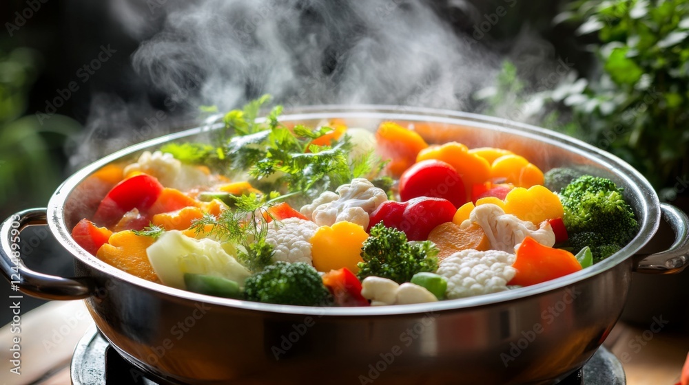 A steaming hot pot filled with colorful vegetables and spices, set on a rustic wooden table, inviting diners to enjoy a cozy and hearty meal together. A steaming hot pot filled with colorful vegetables and spices, set on a rustic wooden table, inviting diners to enjoy a cozy and hearty meal together.