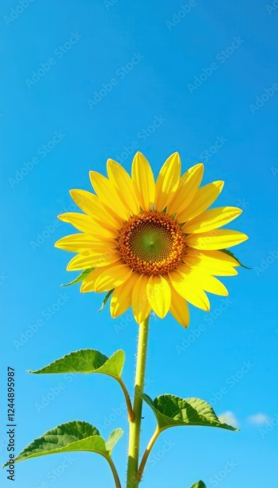 A lone sunflower facing north against a bright blue sky, flower, bloom, yellow A lone sunflower facing north against a bright blue sky, flower, bloom, yellow