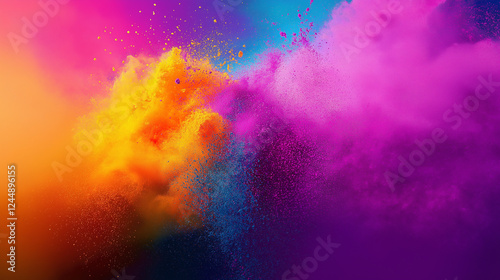 Colorful Holi powder explosion in vivid pink, yellow, and blue, creating a breathtaking festival cloud of vibrant energy, joy, and cultural celebration. photo