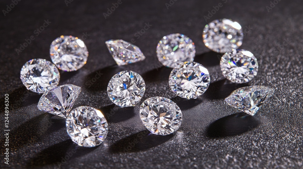 A stunning array of loose diamonds scattered on a dark background, each reflecting light in unique patterns, creating an elegant display A stunning array of loose diamonds scattered on a dark background, each reflecting light in unique patterns, creating an elegant display