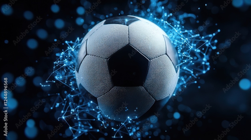 Naklejka premium Closeup image of a soccer ball surrounded by a glowing pulsating energy wave against a dark futuristic background The dynamic luminous effect creates a sense of power speed