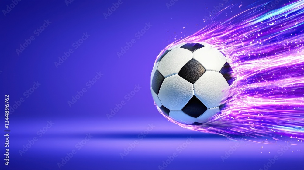 Naklejka premium Closeup of a soccer ball in mid air surrounded by glowing energy trails capturing the dynamic motion and speed of the game