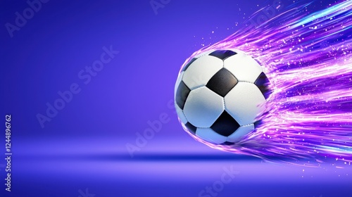 Closeup of a soccer ball in mid air surrounded by glowing energy trails capturing the dynamic motion and speed of the game