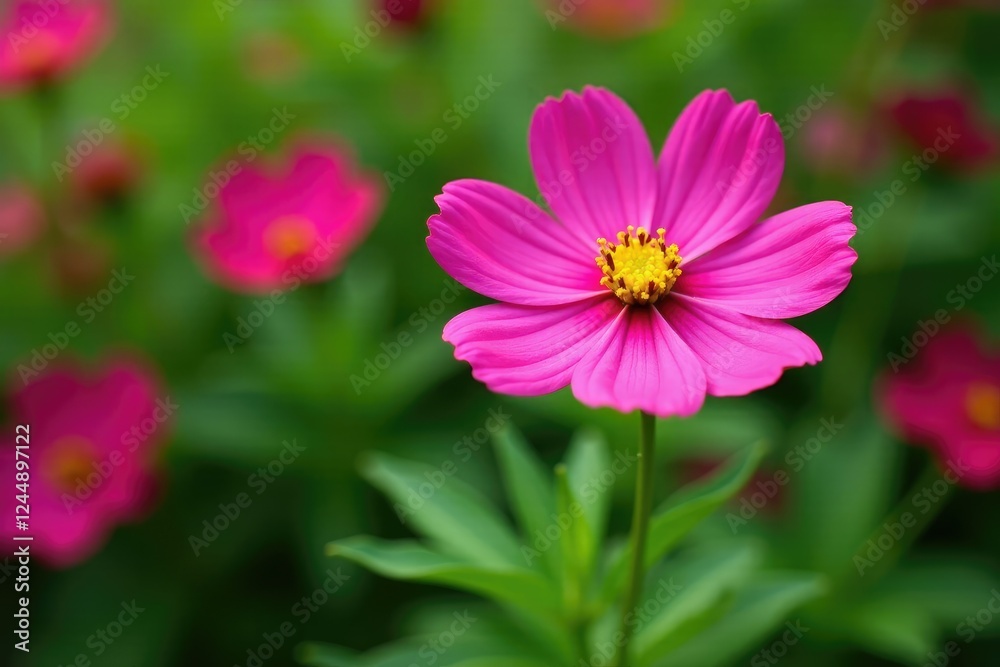 Colorful rose cosmos blooms on bright green leaves, flowers, cosmos flowers, garden Colorful rose cosmos blooms on bright green leaves, flowers, cosmos flowers, garden
