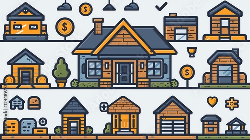 Colorful illustration of various house styles and real estate icons.