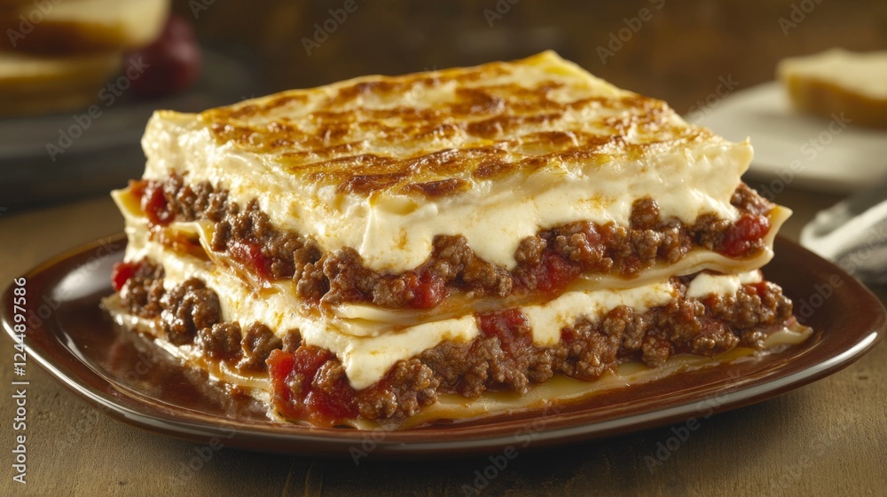 A traditional lasagna baked to perfection, layered with rich meat sauce, bchamel, and cheese, presented in a rustic dish that evokes home-cooked Italian warmth