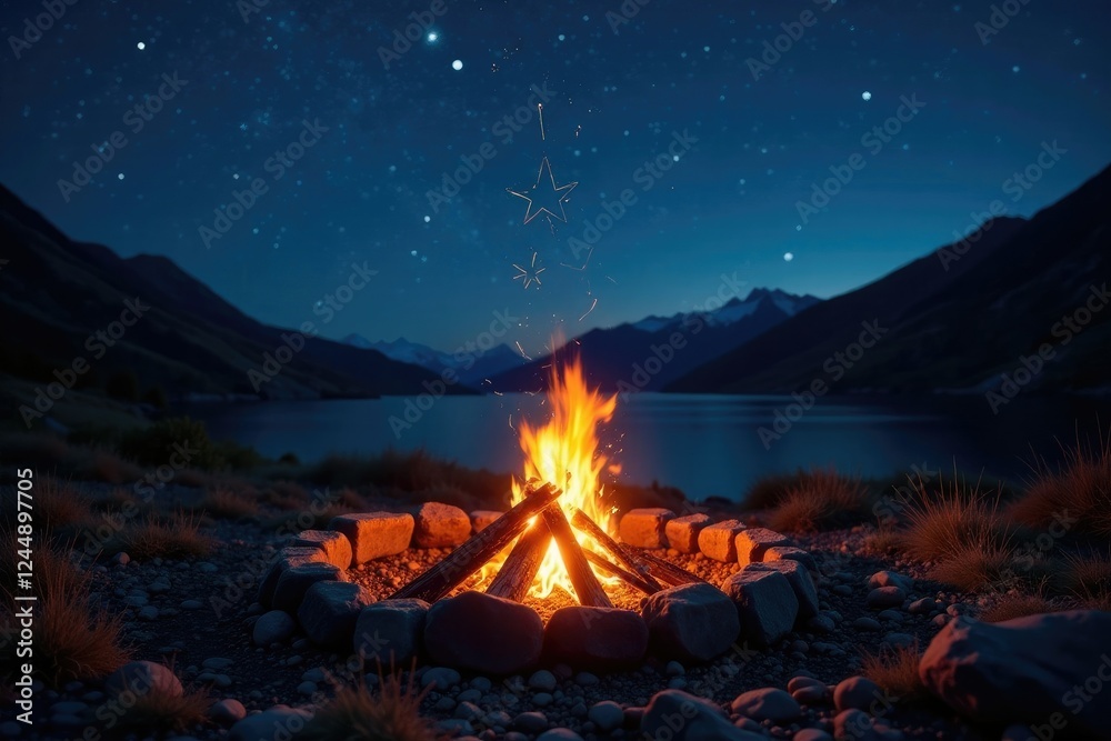 Fire crackling in campfire pit under starry sky, night, serene Fire crackling in campfire pit under starry sky, night, serene