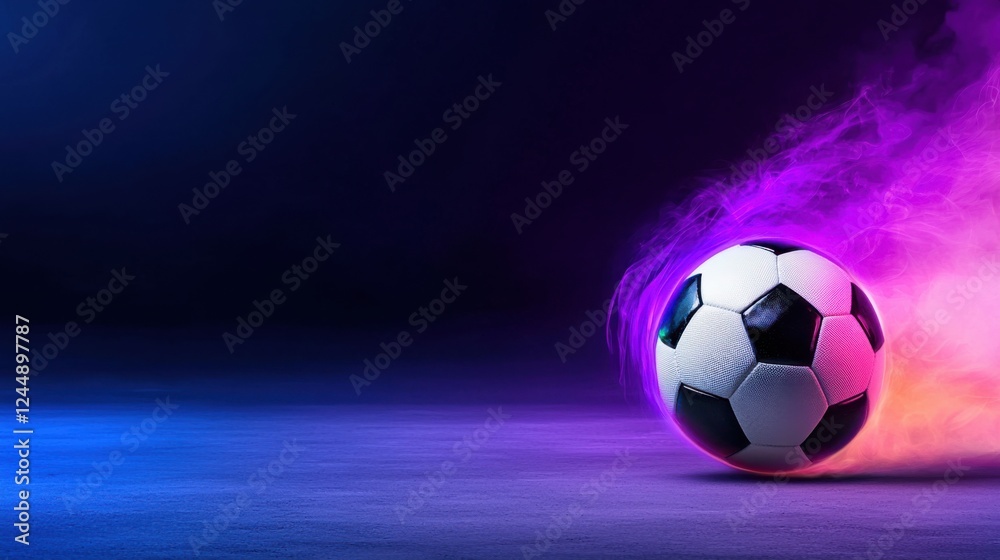 Fototapeta premium Dramatic moment of a glowing soccer ball in mid air during a powerful goal kick set against a vibrant gradient night sky background