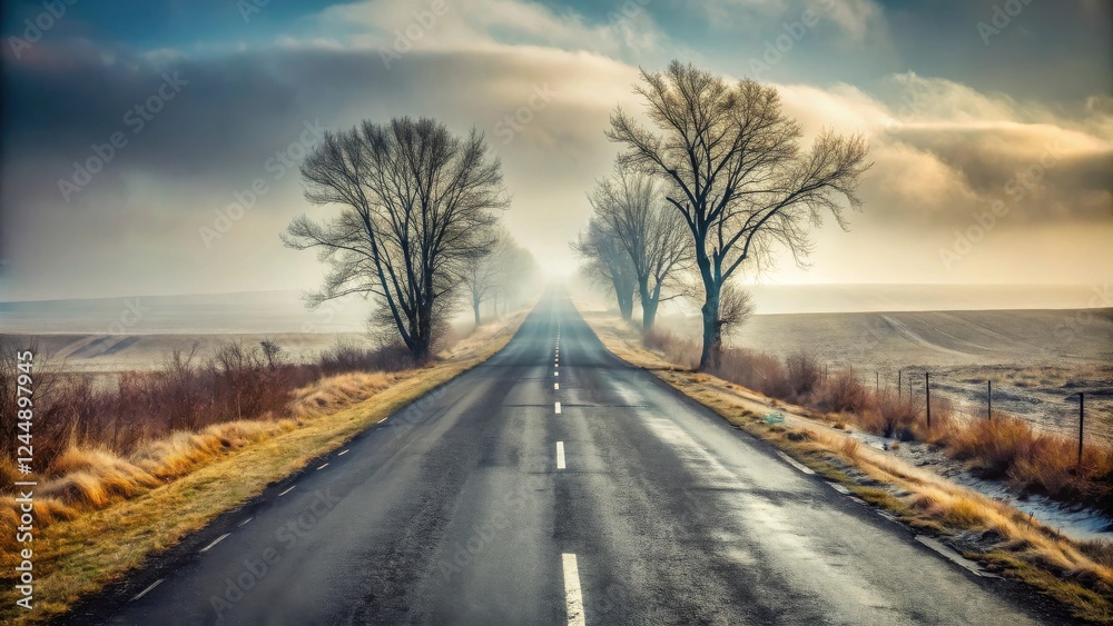 Fototapeta premium Asphalt road disappearing into a misty sunrise, lined with leafless trees and bordered by frost-covered fields