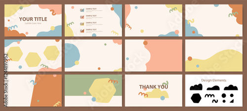 Set of 16:9 abstract background templates with playful organic shapes. Designed in modern soft pastel colors. Perfect for presentations and video projects.