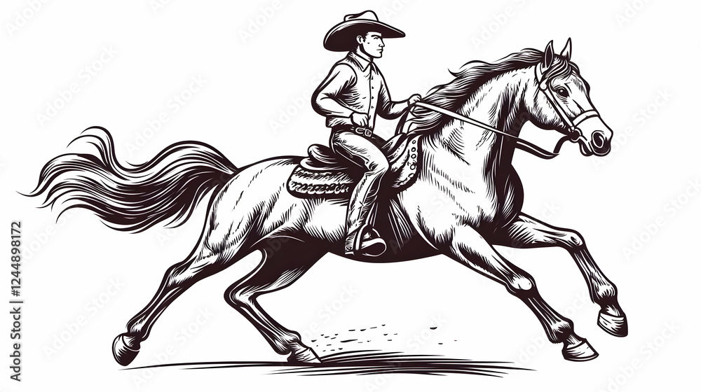 Fototapeta premium Cowboy Riding Horse Illustration: Galloping with Grace and Speed in a Western Setting