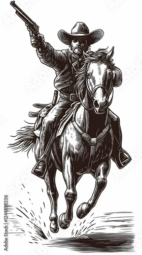 Cowboy Rides Horse, Fires G...