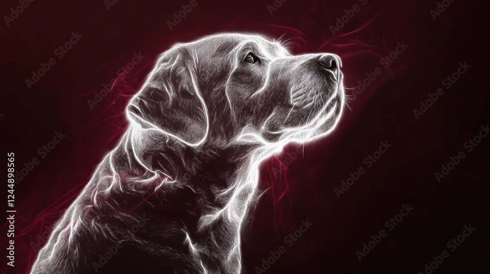 Glowing Labrador Retriever dog portrait, dark red background. Glowing Labrador Retriever dog portrait, dark red background.