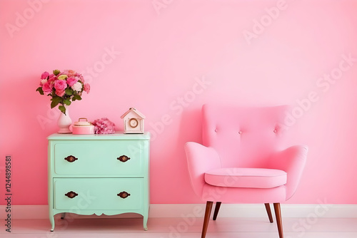 Pink Armchair Sits Beside M...