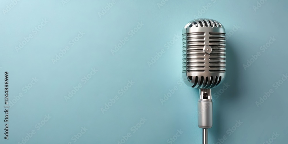 Fototapeta premium Retro Microphone on a Light Blue Background Ready for a Voice Recording Session