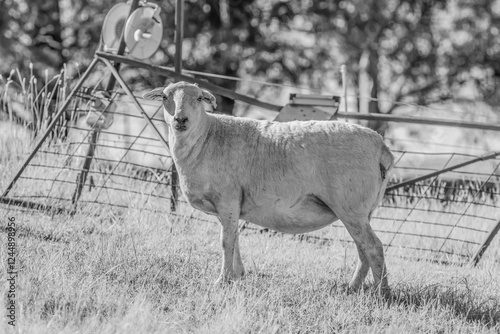 Pregnant Dorper sheep on the farm in monochrome photo