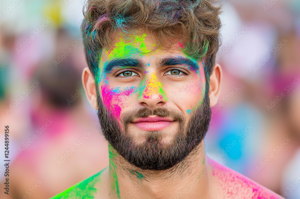 Handsome young man with beard, covered in bright Holi festival colors, looking confident, celebrating joy, tradition, and cultural festivity in a vibrant setting. Handsome young man with beard, covered in bright Holi festival colors, looking confident, celebrating joy, tradition, and cultural festivity in a vibrant setting.