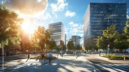 Sunlit city street with pedestrians and modern architecture.
