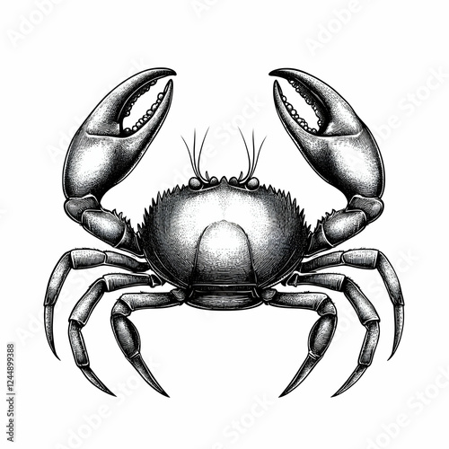 Detailed Ink Drawing of a Crab with Raised Claws on a White Background. photo