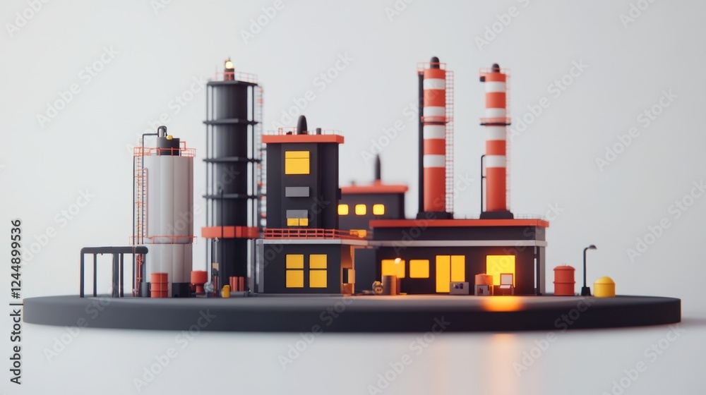 Obraz premium Low-poly 3D model of an illuminated industrial factory at night.