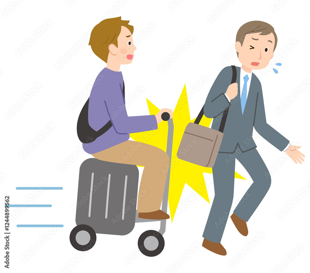 Obraz premium 電動スーツケースに乗る人が、歩行者に衝突 事故