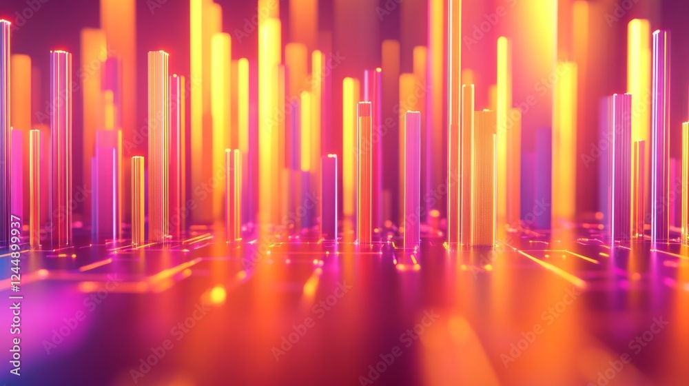 Bright gradient D bars rising from a digital floor with soft reflections, creating a futuristic data display on a neutral backdrop Bright gradient D bars rising from a digital floor with soft reflections, creating a futuristic data display on a neutral backdrop