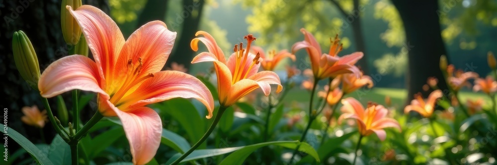 Madonna lilies in a garden with other plants and trees, lily, environment Madonna lilies in a garden with other plants and trees, lily, environment