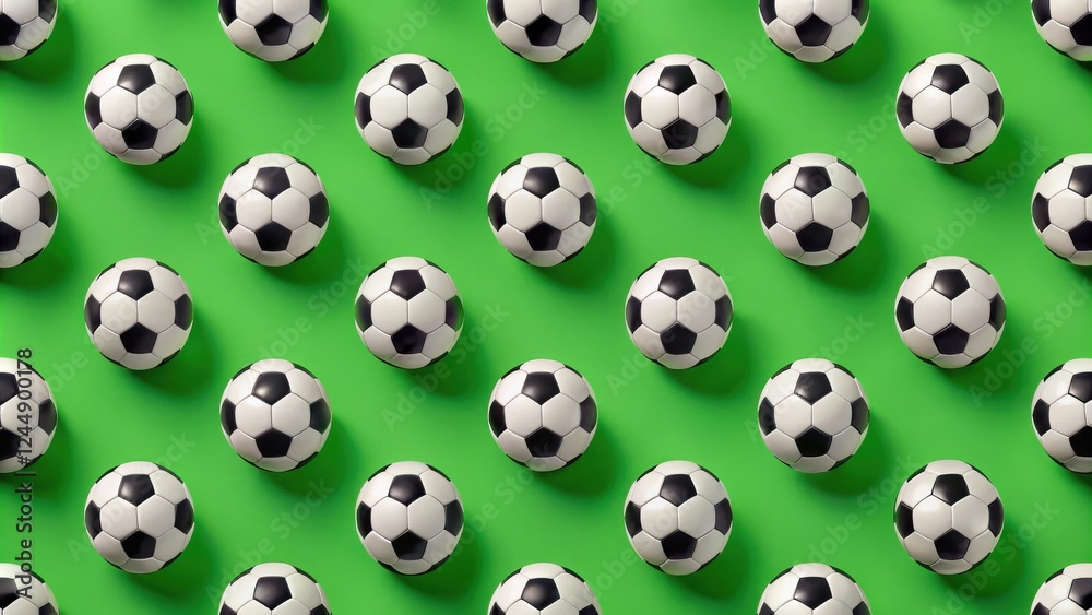 A vibrant green background showcasing a repeating pattern of classic black and white soccer balls. A vibrant green background showcasing a repeating pattern of classic black and white soccer balls.
