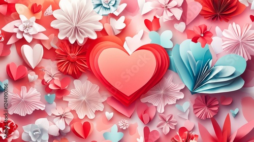 Valentines Day paper hearts, romantic love letter, wedding invitation, and Valentine card illustration