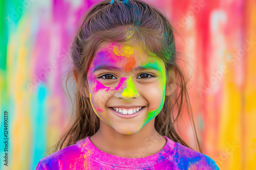 Young girl with vibrant Holi colors on face, smiling with excitement, celebrating joy, culture, and the festive spirit against a bright, colorful background. photo