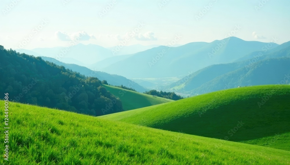 Fototapeta premium Rolling hills with misty mountains in the distance, mountains, scenery, green