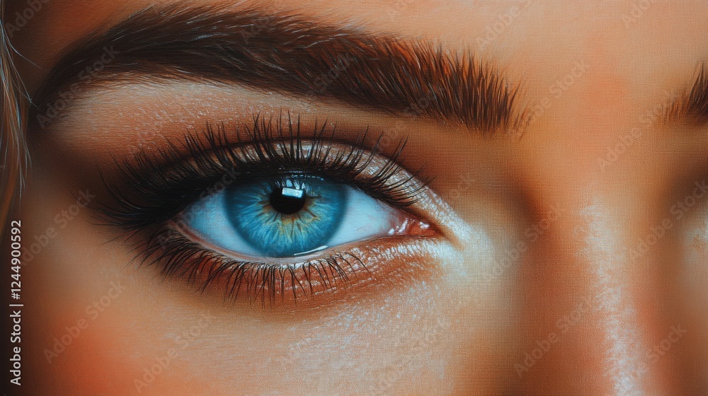 Obraz premium Close-up of a woman's captivating blue eyes, framed by long lashes and soft makeup, with light reflecting in her gaze, creating a mesmerizing effect.