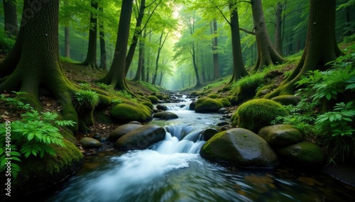 River flowing through a forest with tall trees and ferns, Terrains, Moss