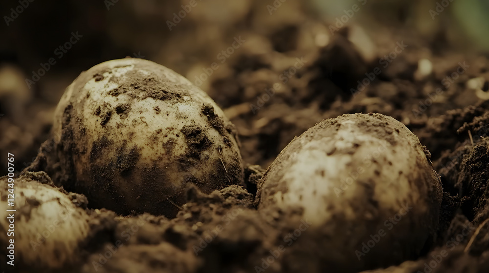 Freshly Unearthed Potatoes Resting on Dark Soil Background Freshly Unearthed Potatoes Resting on Dark Soil Background