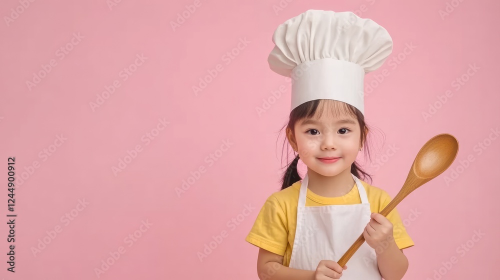 Happy toddler girl chef holding wooden spoon, pink background. Happy toddler girl chef holding wooden spoon, pink background.