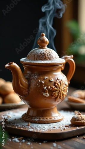 Samovar made of gingerbread dough with steam rising from the lid, pastry, gingerbred photo