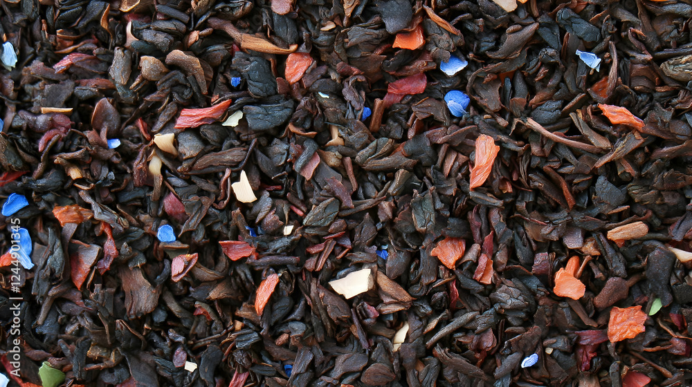 Dry Black Tea Leaves with Dried Fruit and Flower Petals Background Texture Dry Black Tea Leaves with Dried Fruit and Flower Petals Background Texture