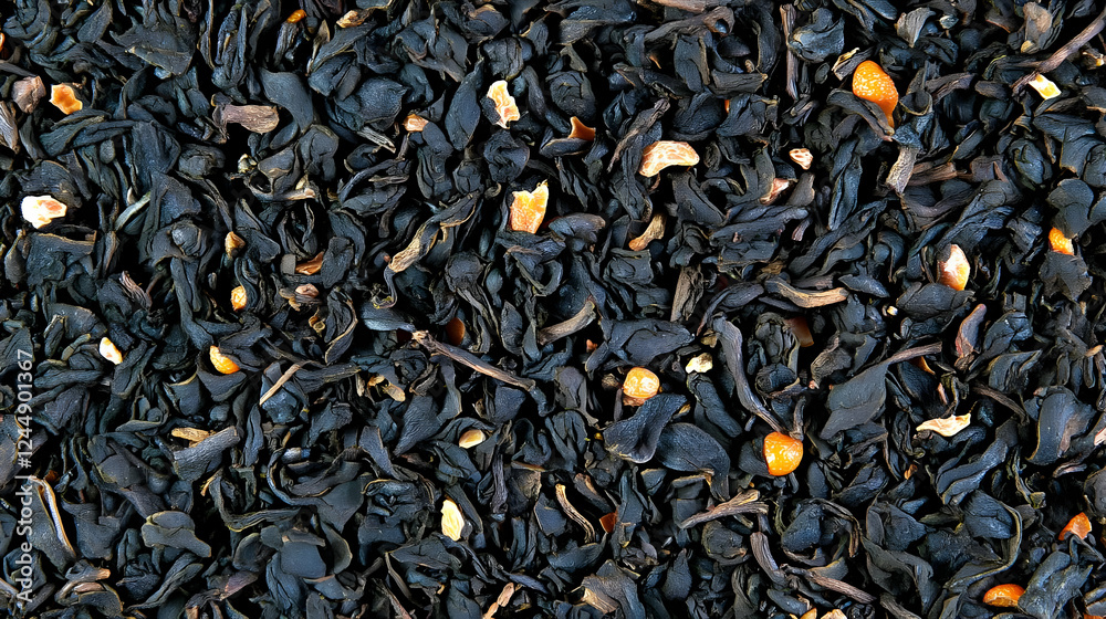 Dried Black Tea Leaves with Orange Peel Creates a Textured Background for Beverage Concepts. Dried Black Tea Leaves with Orange Peel Creates a Textured Background for Beverage Concepts.