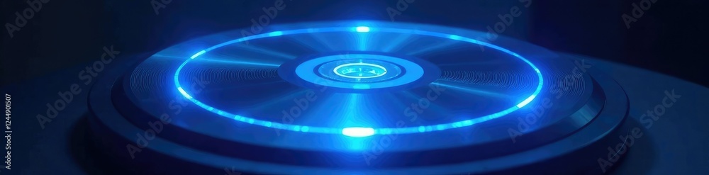 Shining blue light disc in sleek metallic circle, shine, metallic Shining blue light disc in sleek metallic circle, shine, metallic