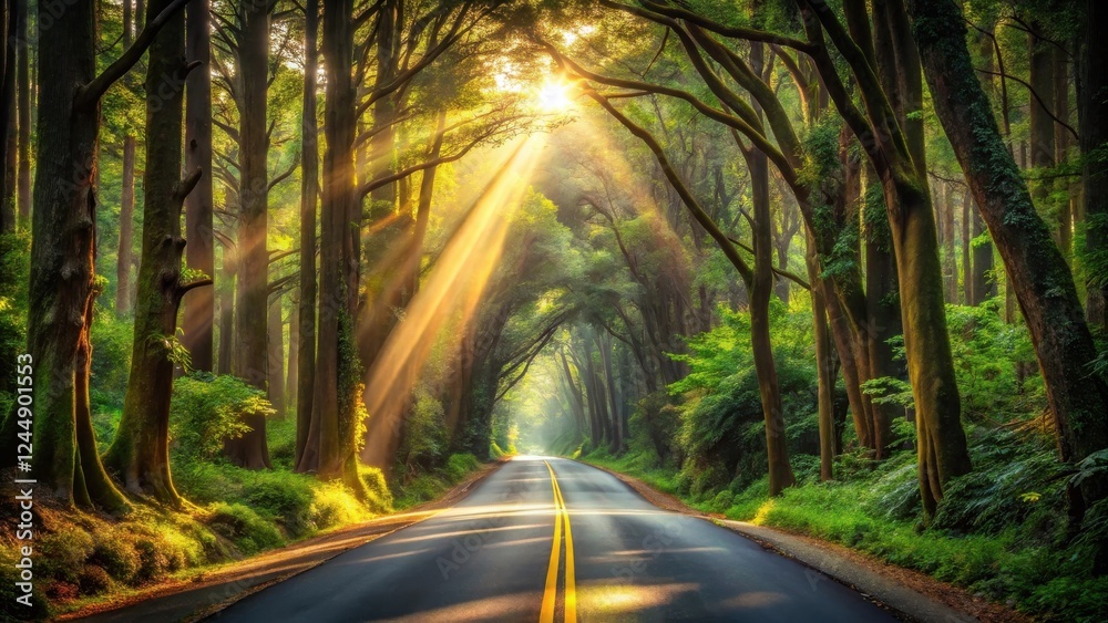 Fototapeta premium Sunlit Path Through a Lush, Green Canopy of Trees with a Road Leading Into the Distance