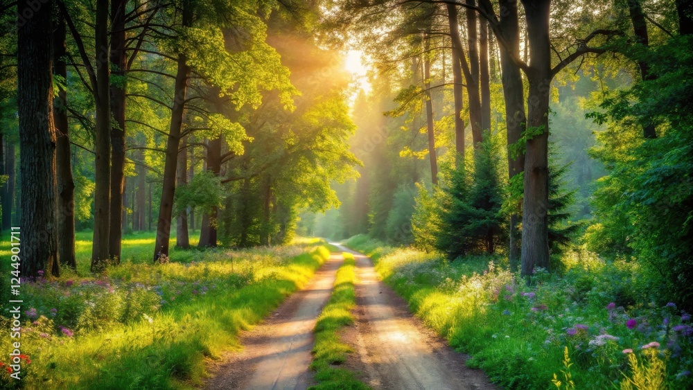Sunlit Path Through a Verdant Forest at Dawn, Illuminated by Golden Rays