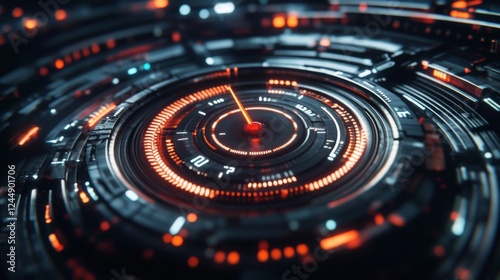 Wallpaper Mural Futuristic digital speed gauge with glowing lines, needle pointing to maximum, set against a dark high-tech background Torontodigital.ca