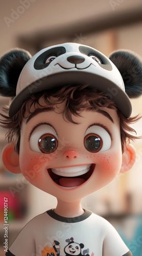 Happy cartoon boy wearing panda hat. photo