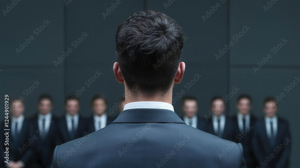 Fototapeta premium Job Interview Atmosphere Concept, man in suit stands before group of executives in corporate setting