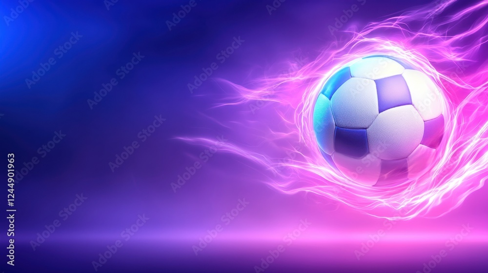 Fototapeta premium Closeup of a Glowing Volleyball in Mid Flight During a High Energy Serve or Spike in a Competitive Sports Game or Match Dynamic Action and Motion with Vibrant Blue and Purple Lighting Effects