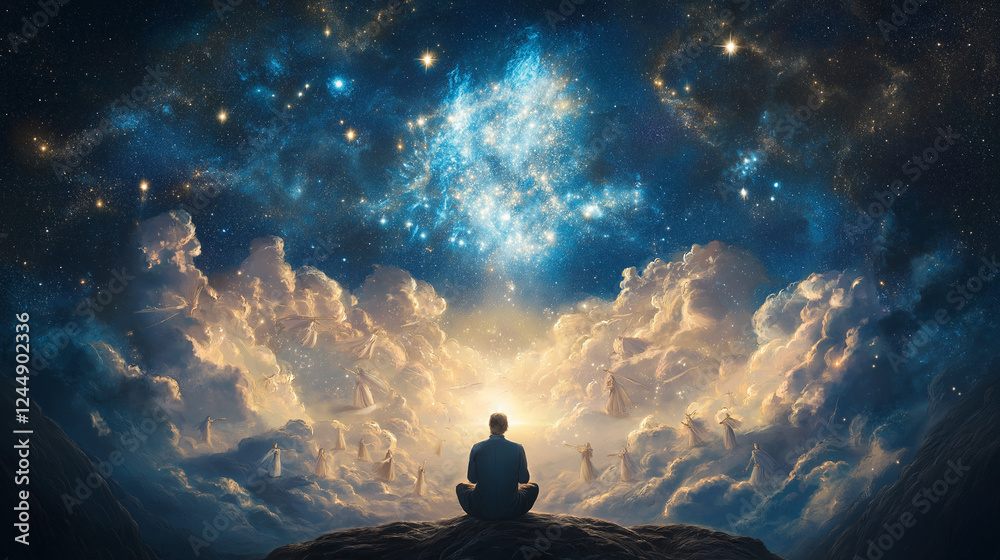 A Moment of Cosmic Connection: A lone figure sits in quiet contemplation atop a rock, bathed in the celestial glow of a star-filled sky, evoking feelings of peace and awe. A Moment of Cosmic Connection: A lone figure sits in quiet contemplation atop a rock, bathed in the celestial glow of a star-filled sky, evoking feelings of peace and awe.