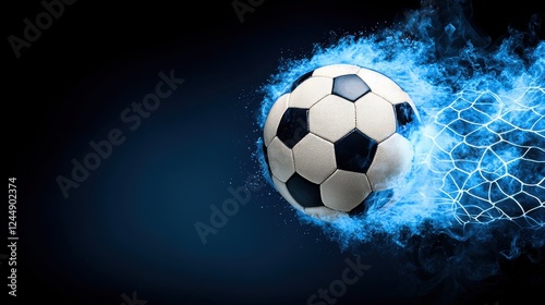 Dramatic and captivating moment of a soccer ball exploding in a fiery high energy motion as it propels rapidly towards the goal in a heated sports competition