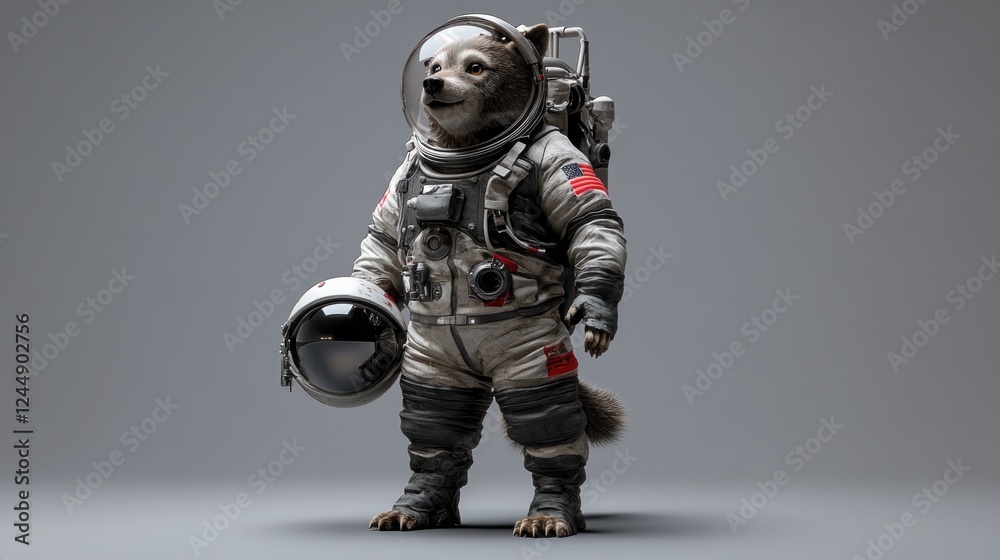 A wolf-like creature in a spacesuit holds a helmet, standing against a gray background. A wolf-like creature in a spacesuit holds a helmet, standing against a gray background.