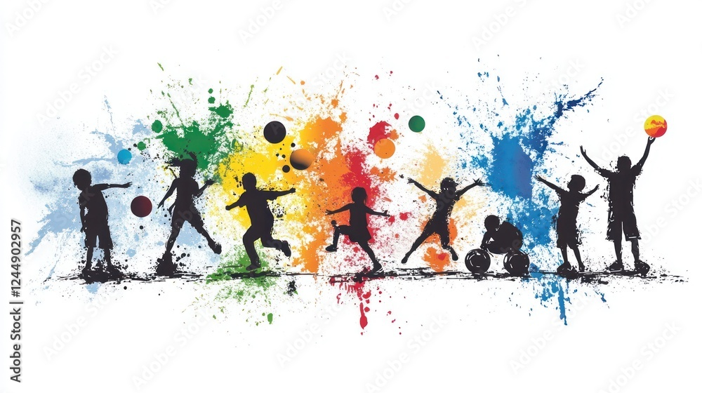 Silhouettes of children playing amidst colorful paint splatters.